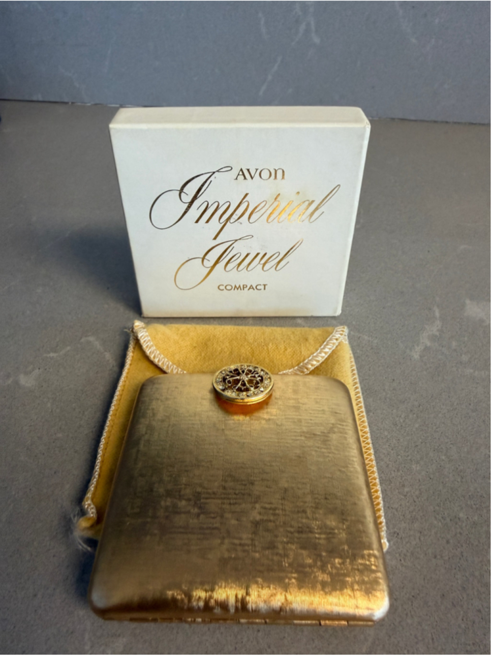 Vintage Avon Imperial Jewel Compact Gold Tone Rhinestone 1960s Unused w Pouch